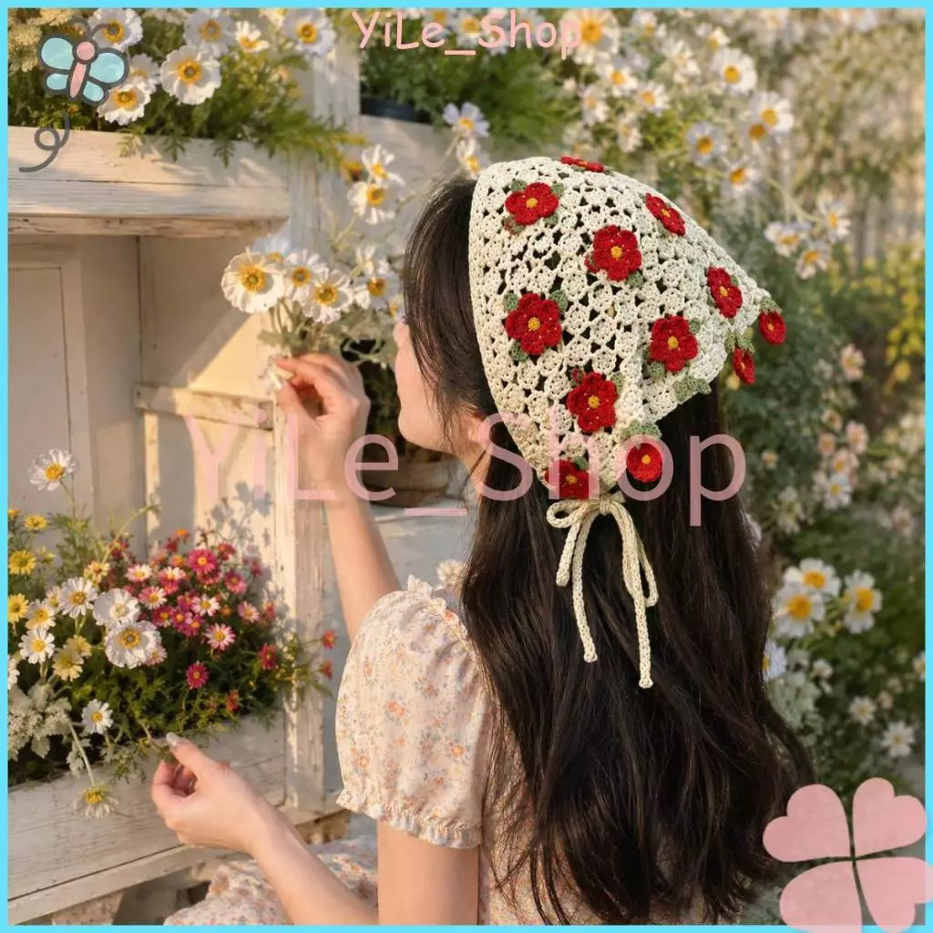 【COD พร้อมส่งจากไทย】INS ผ้าพันศีรษะถักดีไซน์พันรอบสามเหลี่ยม ลายดอกไม้ น่ารัก ใส่ถ่ายรูปทะเล ไอเท็มแฟชั่นผู้หญิง Y2K