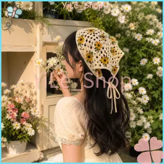 【COD พร้อมส่งจากไทย】INS ผ้าพันศีรษะถักดีไซน์พันรอบสามเหลี่ยม ลายดอกไม้ น่ารัก ใส่ถ่ายรูปทะเล ไอเท็มแฟชั่นผู้หญิง Y2K