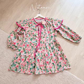NITAAN(46/52) FLOWERY DRESS 🌸 น่ารักเกินน ป้าย NITAAN ผ้าคอตตอนเนื้อดีมากก กุ้นขอบสีพื้น กระดุมหน้า