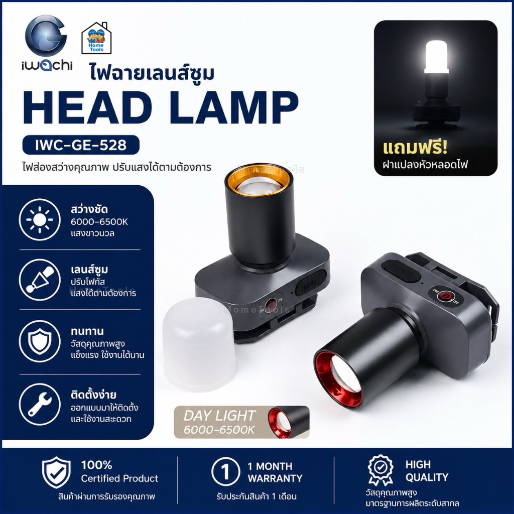 IWACHI ไฟฉายคาดหัว รุ่น GE-528 250W ซูมเข้าซูมออกได้ แสงส่องถึง 1000 เมตร ชาร์จ USB