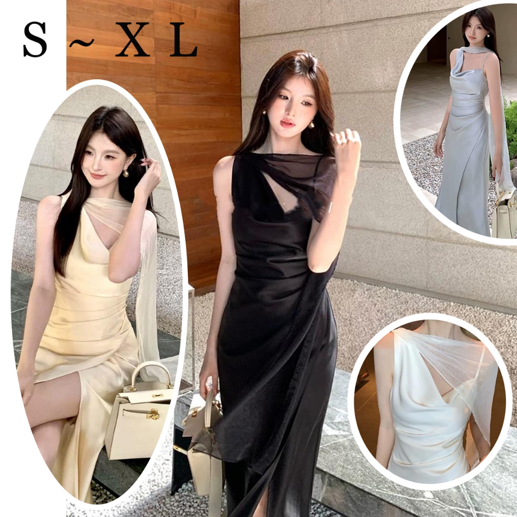 STYLE#เดรสทรงเอไลน์สีดำสไตล์ฝรั่งเศส โดดเด่นด้วยดีไซน์เอวเข้ารูปและรายละเอียดริบบิ้นแบบไม่สมมาตร#99436