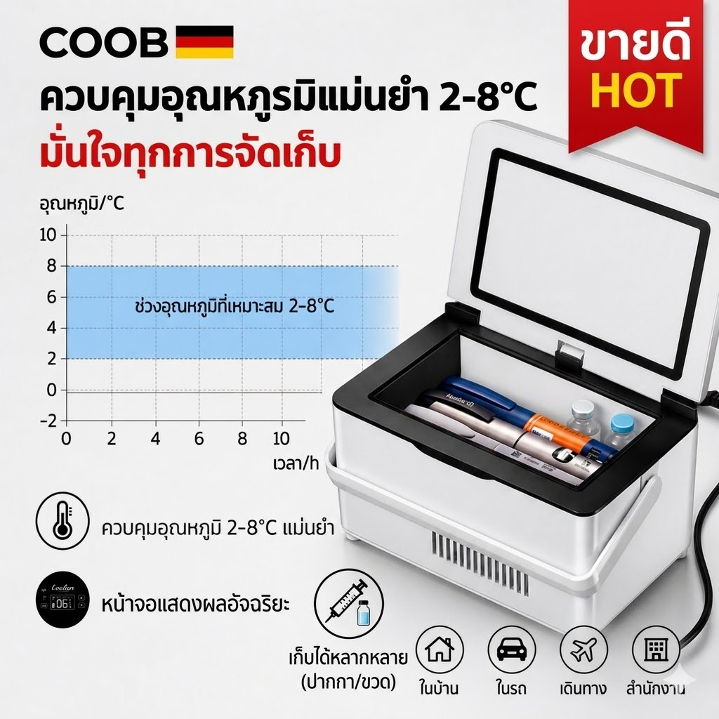 กล่องเก็บอินซูลิน 2-8°C แบบพกพา ควบคุมอุณหภูมิแม่นยำ ใช้ในรถได้ สำหรับผู้ป่วยเบาหวาน เก็บวัคซีนได้