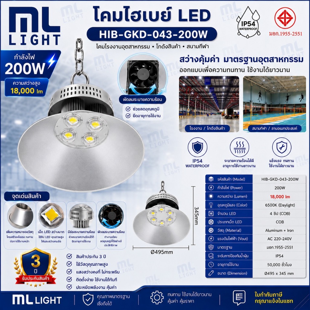 โคมไฟ LED HIGHBAY 200W รุุ่น MR-HIB 5200 Plus (แสงขาว) โคมไฟไฮเบย์ สำหรับโกดัง โคมไฟโรงงาน
