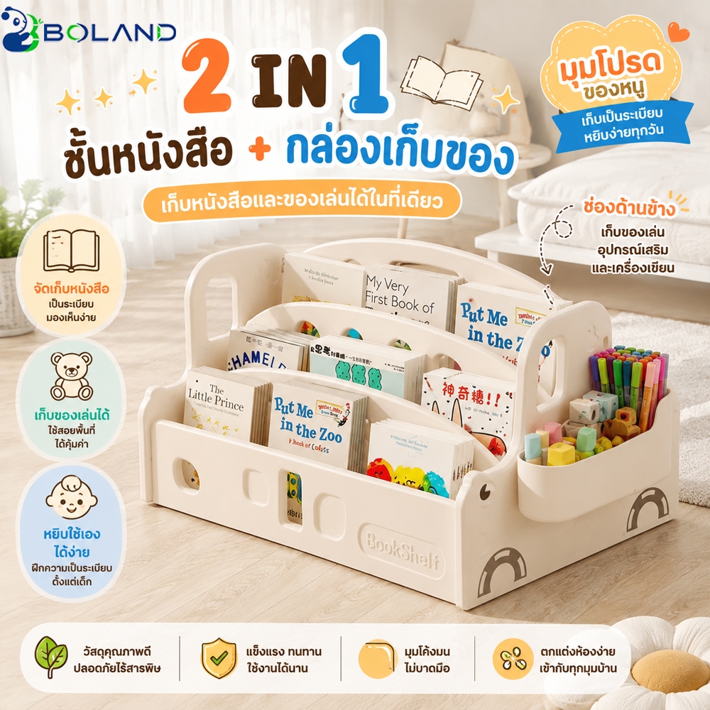 🔥Boland🔥ชั้นหนังสือเด็ก ชั้นเก็บของสำหรับเด็ก2IN1 เล่นง่าย หยิบสะดวก ตู้หนังสือเด็กขนาดเล็ก