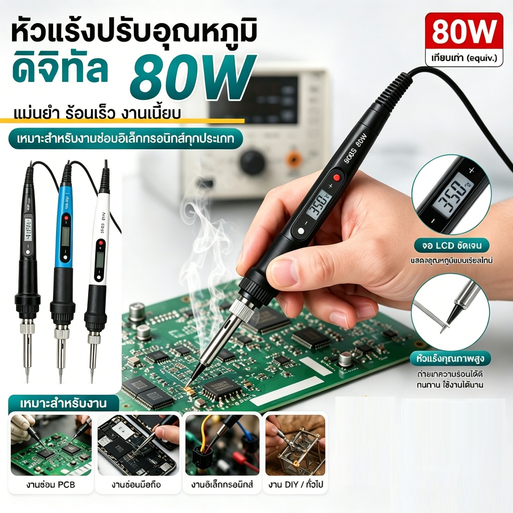 ชุดหัวแร้งไฟฟ้า 80W หัวแร้งไฟฟ้าอุณหภูมิคงที่ เหล็กไฟฟ้า 180 ~ 480 °C ปรับอุณหภูมิได้หน้าจอ LCD ดิจิตอลแปลงขนาด