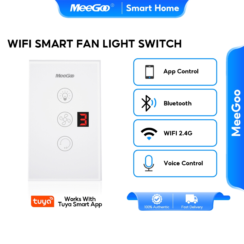 MeeGoo สวิตช์พัดลมติดเพดานอัจฉริยะ WiFi 100V-240V การควบคุมด้วยเสียง ควบคุมความเร็วได้ ใช้กับ Tuya