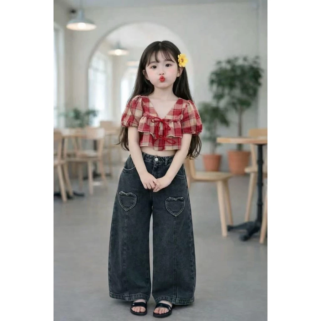 AY319 ชุดลูกสาวสายเกา เสื้อแขนพองลายสก็อตแดง + กางเกงยีนส์ขากว้างสุดชิค