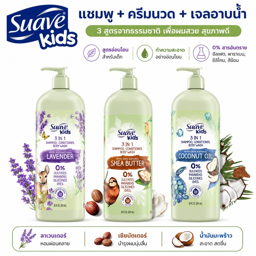 Suave Kids Naturals 3in1 Shampoo Conditioner Body Wash แชมพูเด็ก ครีมนวดและครีมอาบน้ำ 3in1