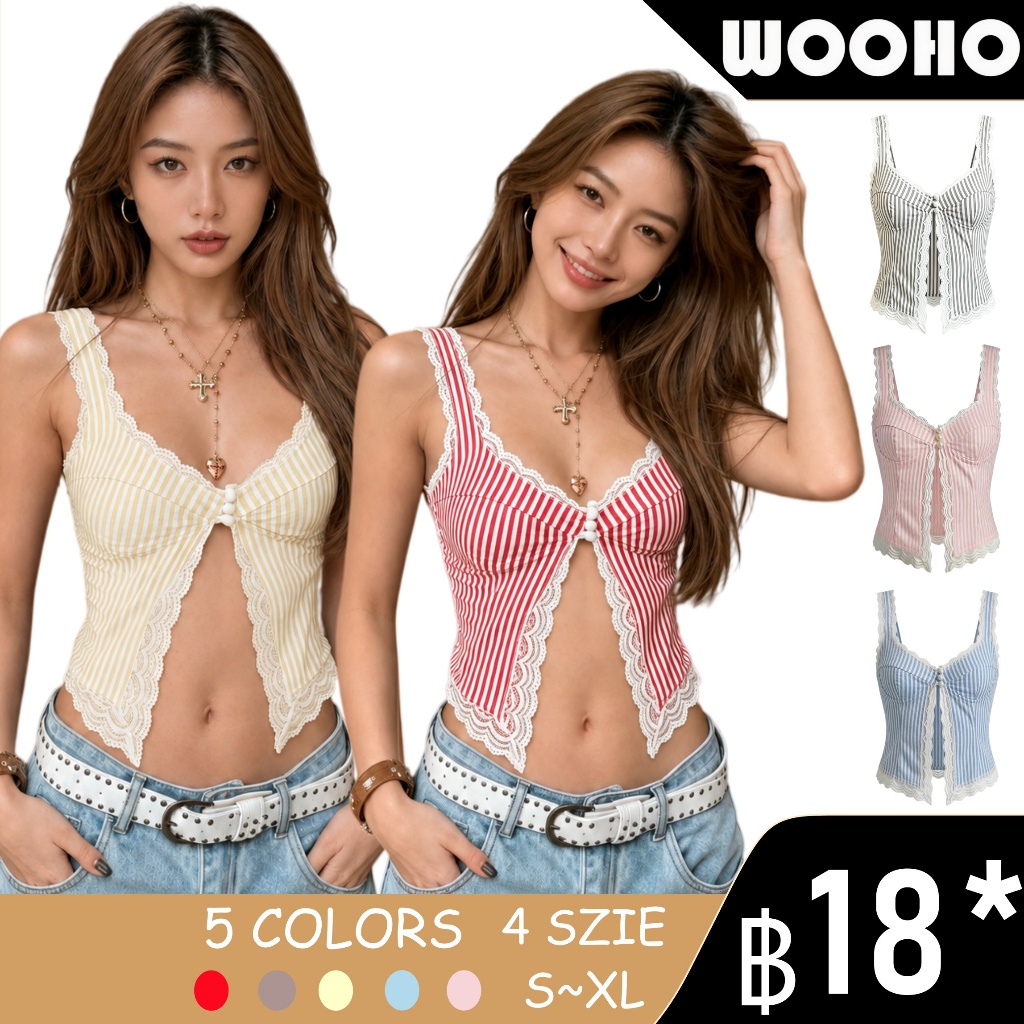 WOOHO.เสื้อสายเดี่ยวลายทางแต่งลูกไม้ ทรงเข้ารูป สไตล์หวานแซ่บ มี 4 สี ไซส์ S–XL