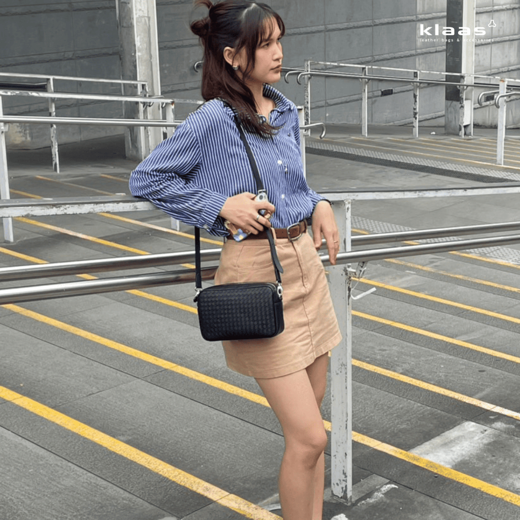 02-356 festival bag intrecciato กระเป๋าสะพายสานหนังแท้ กระเป๋าผู้หญิงสานหนังแท้ แบรนด์ klaas ของแท้