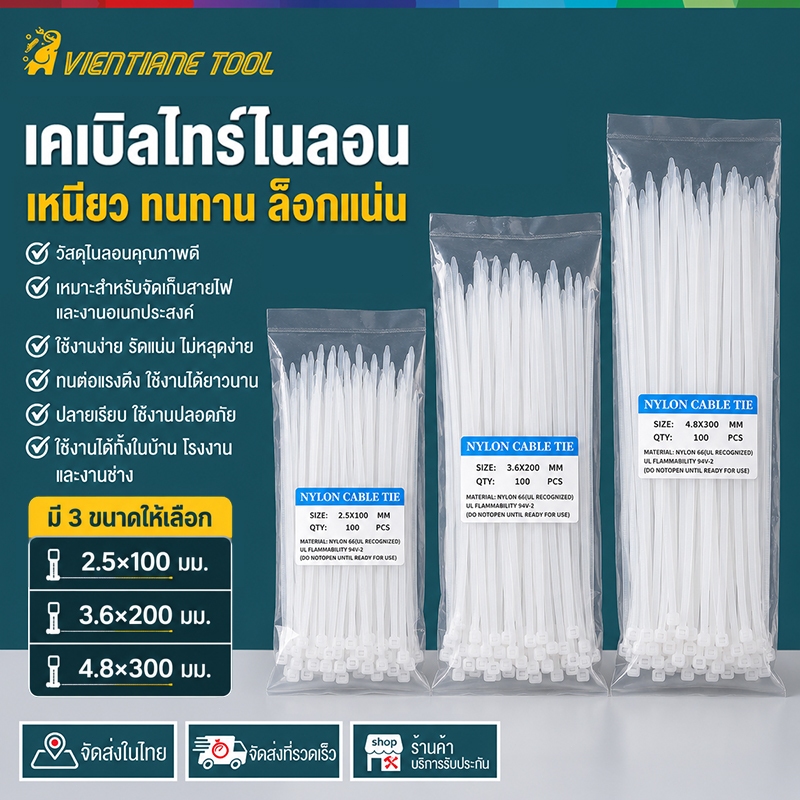 เคเบิ้ลไทร์ 100เส้นNylon Cable Tie สีขาว สายรัดไนล่อน หนวดกุ้ง สายเคเบิ้ลไทร์ สายรัดสายไฟ สายรัดพลาสติก สายรัดเคเบิ้ลไทร