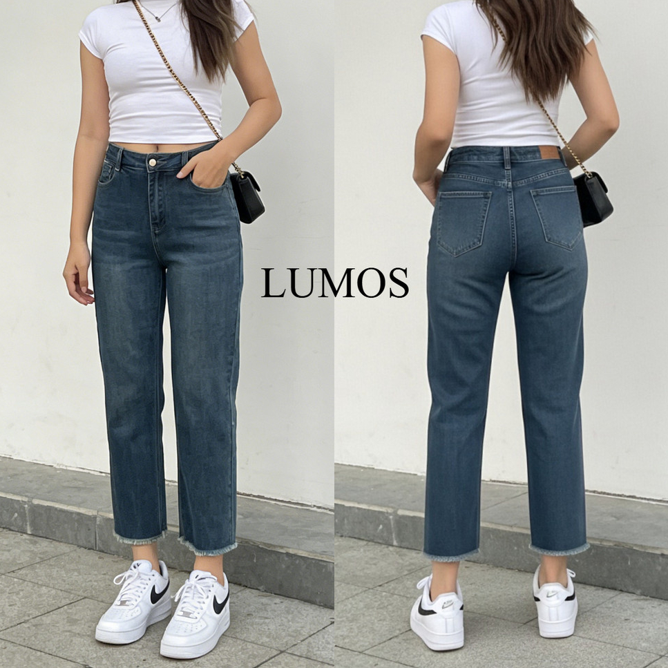 LUMOS  กางเกงยีนส์ยืด S-5XL ขายาว 9 ส่วน เหมาะกับสาวอวบเล็กน้อย กางเกงยีนส์เอวสูงรัดหน้าท้อง#V52