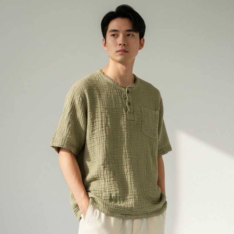 เสื้อผ้าฝ้ายผู้ชาย ทรงเฮนลี่ย์ โปโลแขนสั้น ทรงปล่อยสไตล์มินิมอล Men's Cotton Henley Shirt Loose Fit Short Sleeve