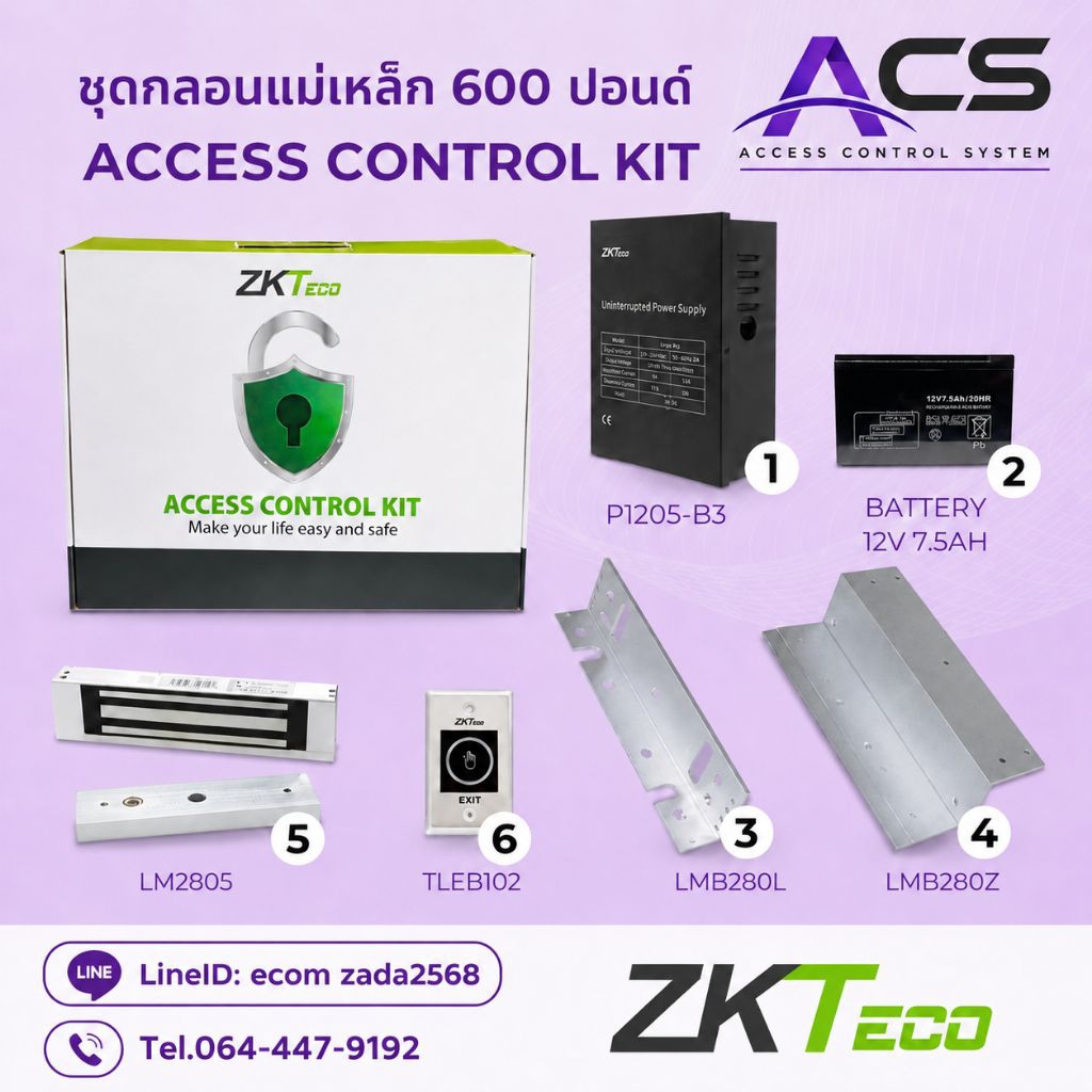 ZKTeco ชุดกลอนแม่เหล็ก 600 ปอนด์ ภาคจ่ายไฟ/สำรองไฟ 12V 4A สำหรับประตูทั่วไป รองรับเครื่องสแกนใบหน้า/นิ้ว/บัตร
