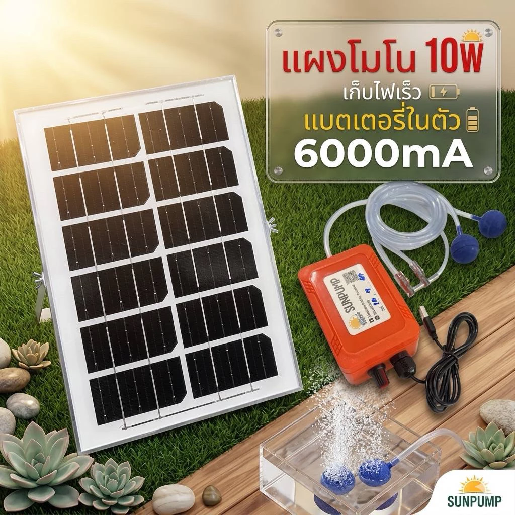 ชุดปั๊มออกซิเจน โซลาร์เซลล์ 2หัว มีแบตเตอรี่ในตัวใช้ได้ทั้งวันทั้งคืน