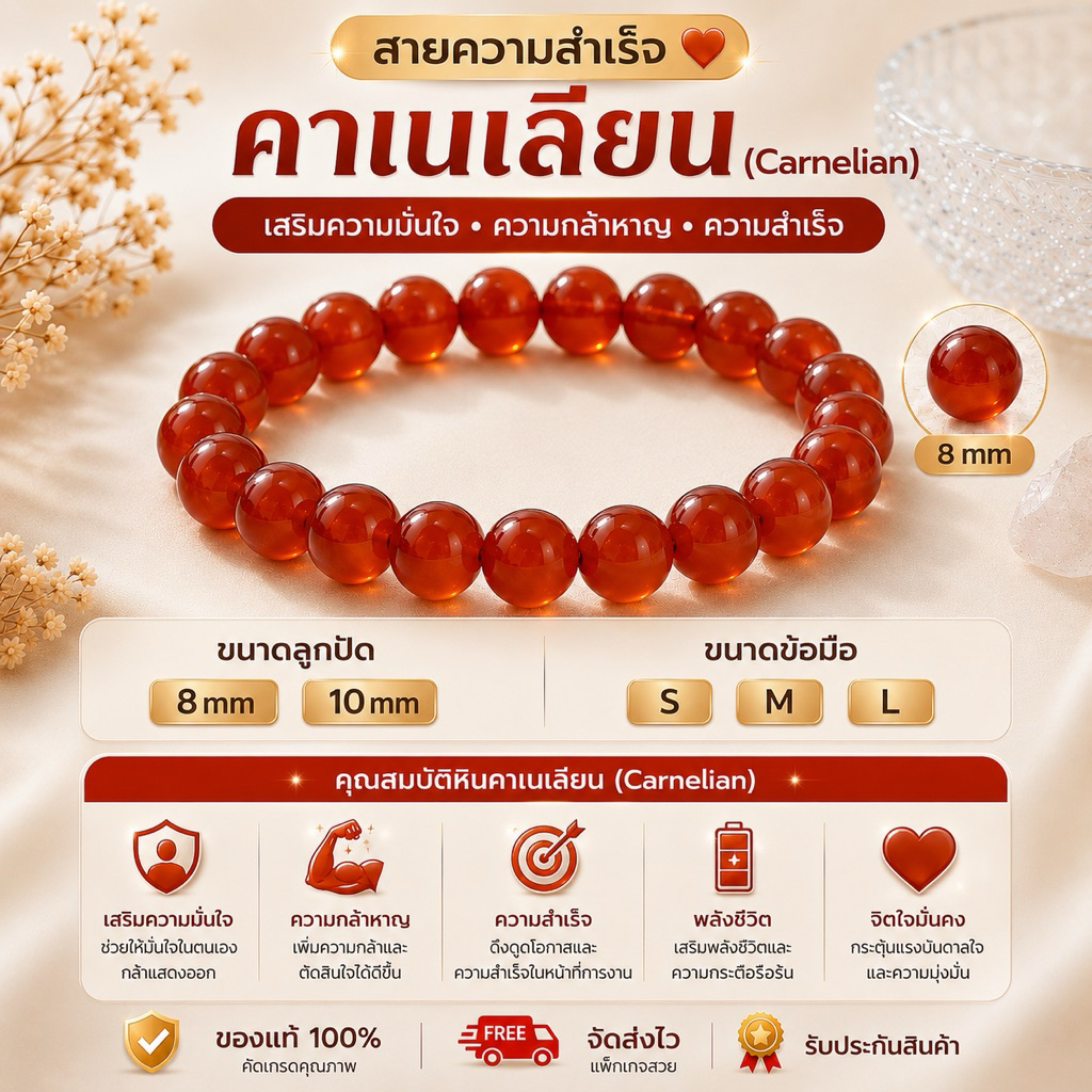 🧡 คาเนเลียน เสริมความมั่นใจ ความสำเร็จ และพลังชีวิต ✨ หินมงคล หินนำโชค 8 mm 10 mm S M L พร้อมส่ง