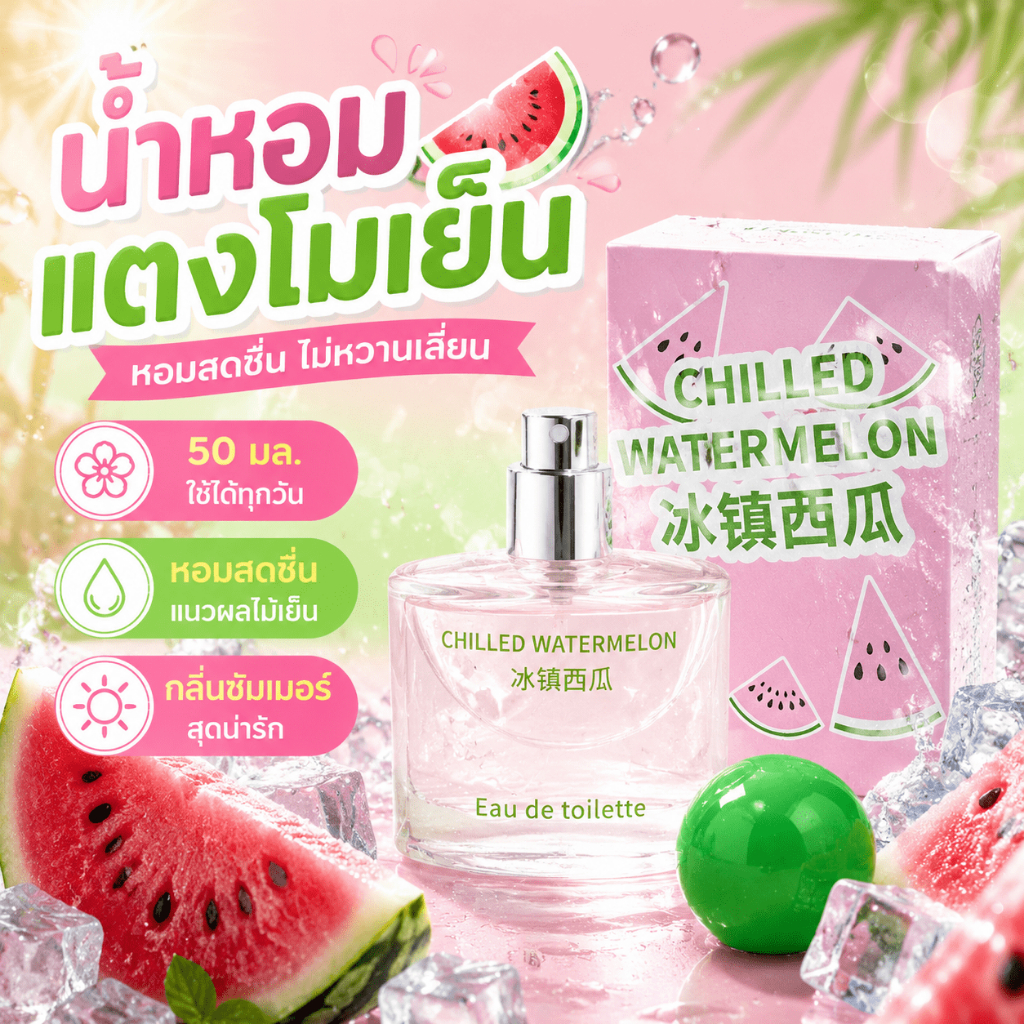 น้ำหอมผสมธรรมชาติ กลิ่นหอมสดชื่นผลไม้ กลิ่นแตงโม ติดทนนาน กลิ่นหอมสะอาด ใช้ได้ทั้งผู้หญิงและผู้ชาย ใช้ประจำวัน 50 มล