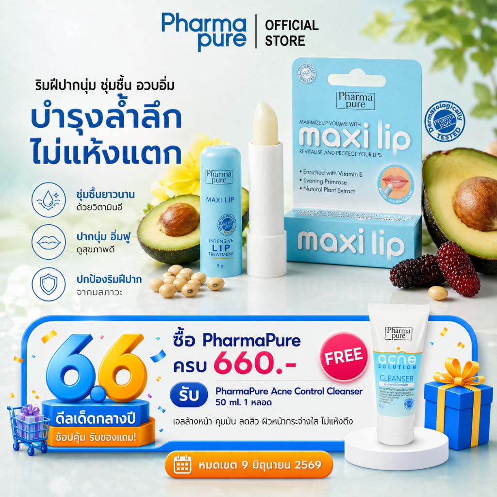 PharmaPure Maxi Lip 3 g. ลิปทรีทเมนท์ บำรุงริมฝีปาก ให้ริมฝีปากชุ่มชื้น ลดรอยหมองคล้ำ รอยแห้งแตก