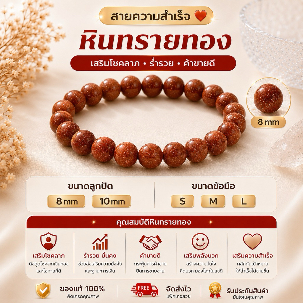 หินทรายทอง เสริมโชคลาภ เงินทองไหลมา หินมงคล หินนำโชค 8 mm 10 mm S M L พร้อมส่ง