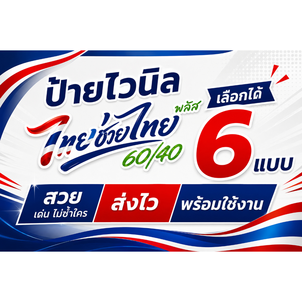 ป้ายไวนิล ไทยช่วยไทย พลัส 60/40 โครงการ ป้ายหน้าร้าน เลือกได้ 6 แบบ พิมพ์ UV เจาะตาไก่ เครื่องพิมพ์ UV หมึกแท้สีสด คมชัด
