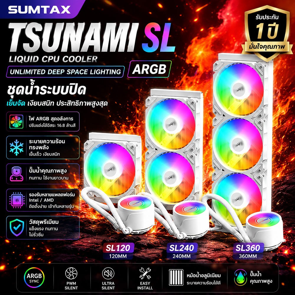 SUMTAX ชุดน้ำระบบปิด Tsunami SL-360 240 120 Unlimited Deep Space Lighting ARGB Multi-platform CPU Liquid Cooler รับประกั