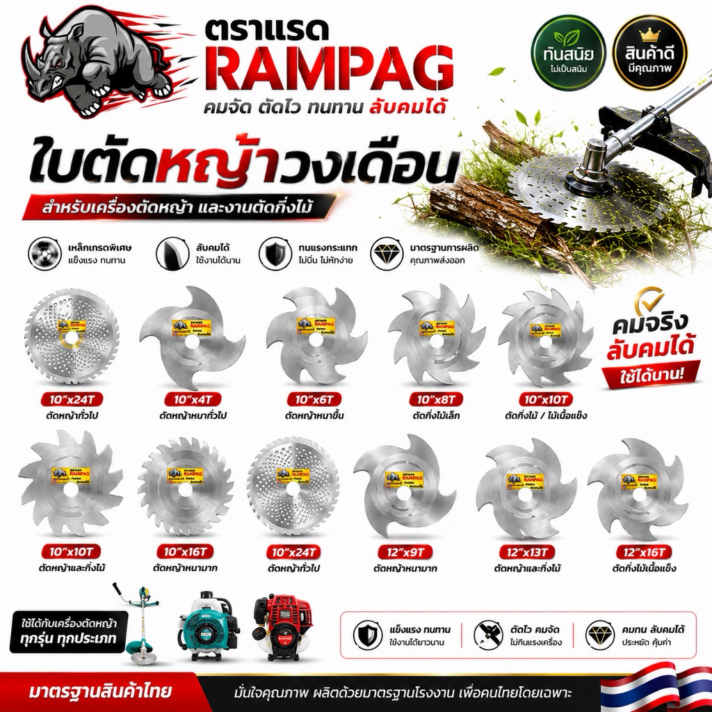 ใบตัดหญ้าลับคมได้ ใบมีดตัดหญ้า ของแท้ ตราแรด 10 นิ้ว 12 นิ้ว ใบตัดไม้วงเดือน(ผลิตที่ไทย) สินค้าเกรดA