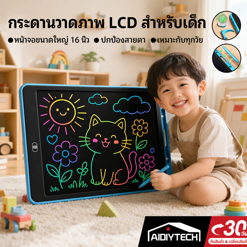 [จอสี 16 นิ้ว] กระดานวาดภาพ LCD ของเล่นเสริมพัฒนาการเด็ก กระดานเขียนเด็ก ถนอมสายตา เลิกติดมือถือ [แถมฟรี! ปากกาวาดรูป]
