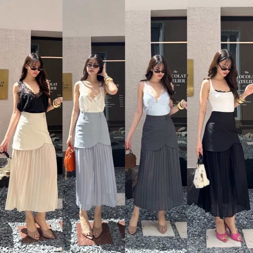 colourblockmatter - Mercy Skirt กระโปรงพลีทยาวดีไซน์เลเยอร์ด้านหน้า