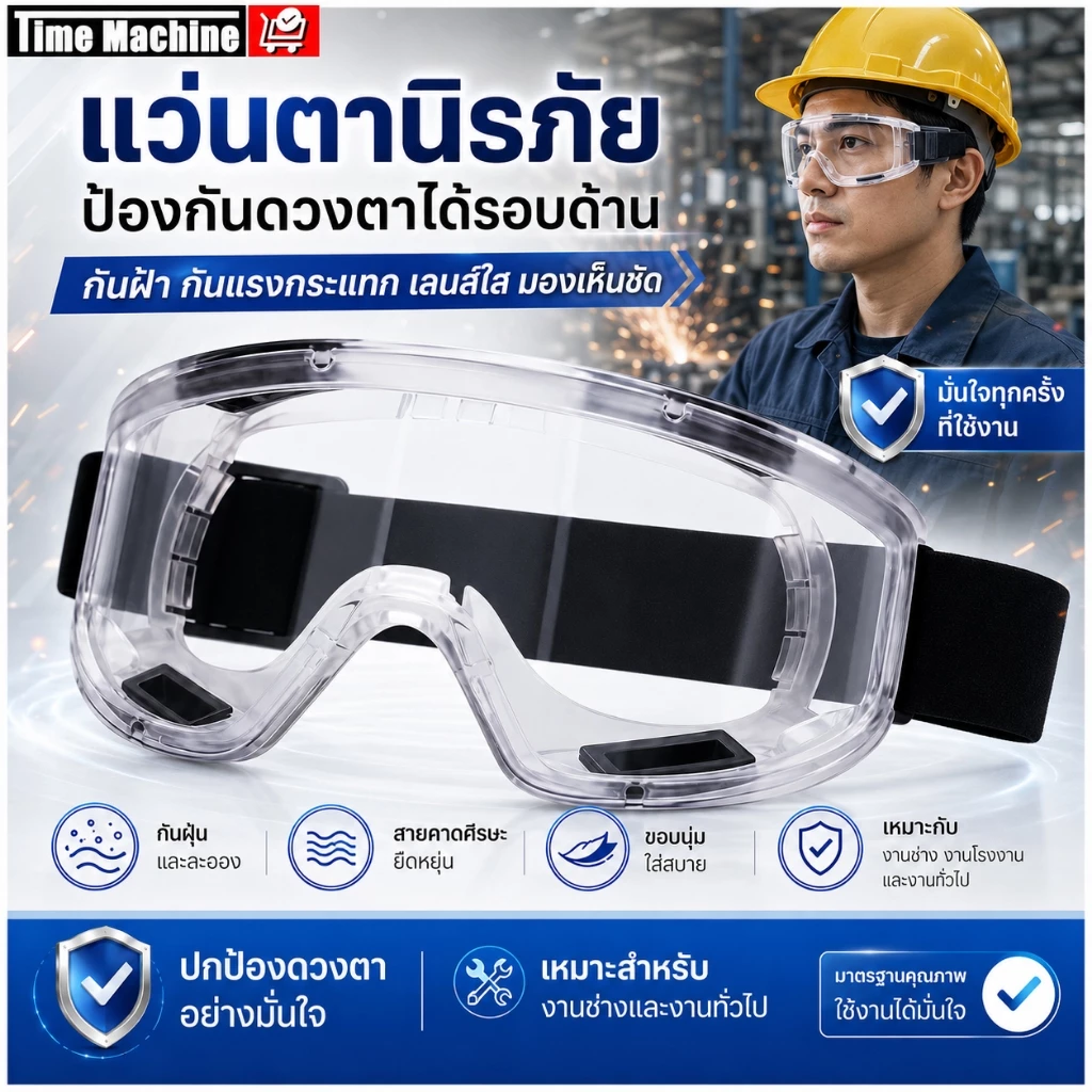 แว่นครอบตานิรภัย แว่นตากันสารเคมี กันสะเก็ด กันฝุ่นละออง เลนส์ใส ใส่ทับแว่นได้ งานช่าง ห้องแล็บ ก่อสร้าง คาดศีรษะ กันลม