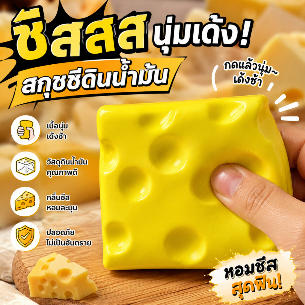 ชีสสกุชชี่ Cube 7 ซม. ของเล่นบีบคลายเครียด นุ่มเด้ง Slow Rising กลิ่นชีสหอม บริหารมือ เสริมพัฒนาการ บีบสนุก น่ารัก