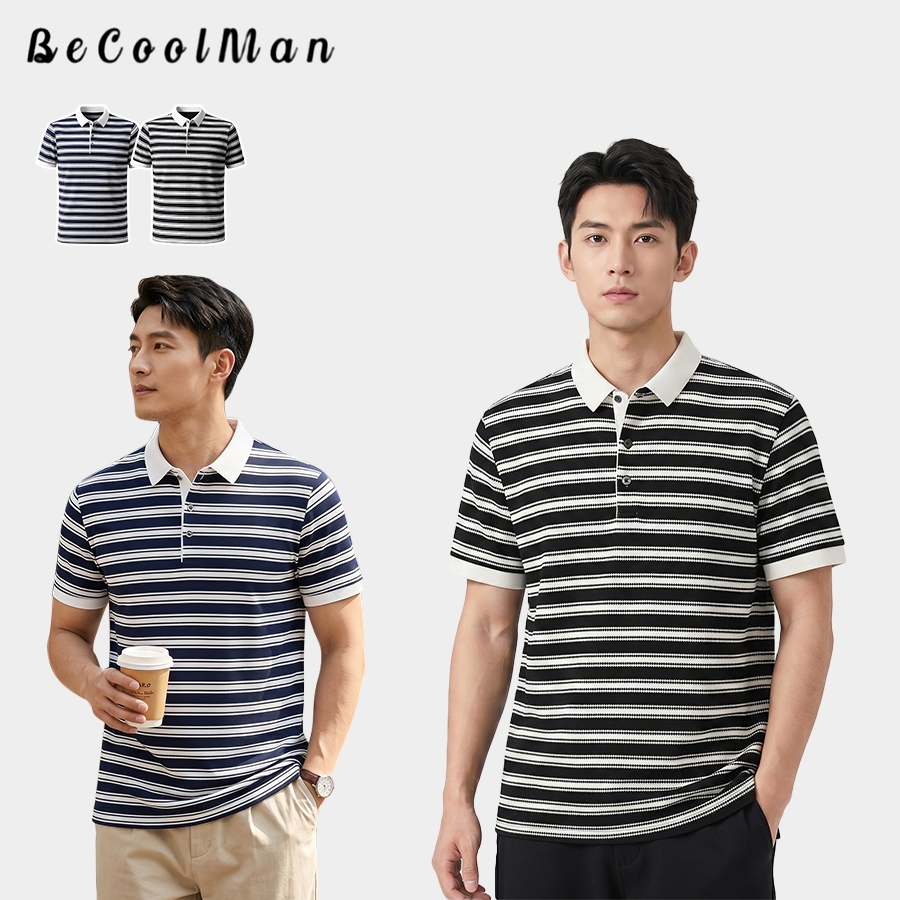 💥BecoolMan💥ผู้ชาย ลายริ้ว เสื้อโปโล ความสะดวกสบาย ระบายอากาศได้ดี แบบบางสำหรับฤดูร้อน คอพับแขนสั้น ระดับไฮเอนด์