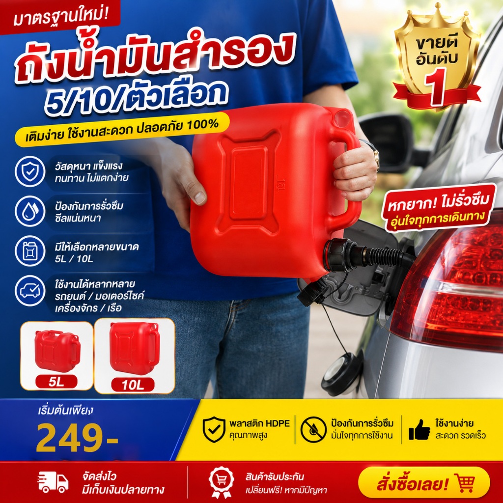 ถังน้ำมันสำรองขนาด 5 ลิตร/10 ลิตร กระป๋องน้ำมันสำรอง พร้อมหัวฉีดน้ำมันที่ขยายออก และตัวระบุระดับน้ำมัน