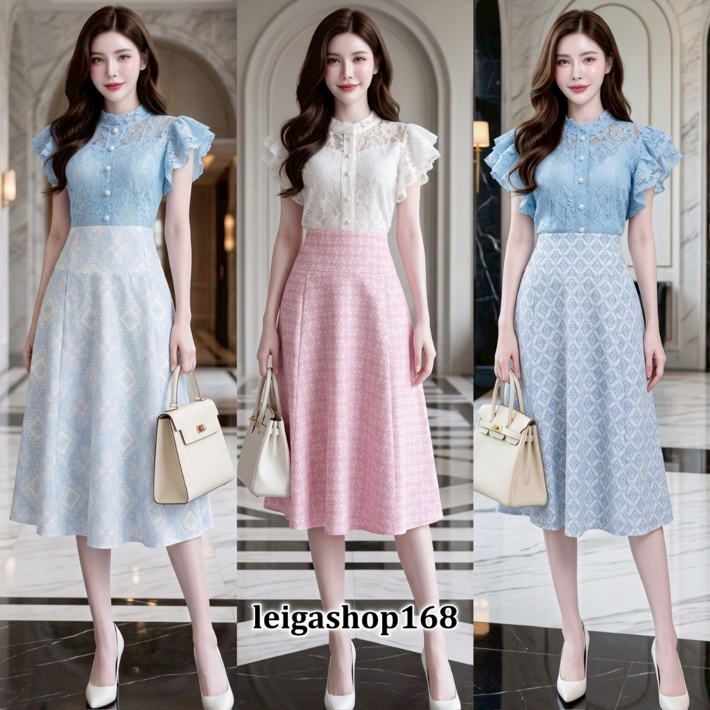 สินค้าพร้อมส่ง ชุดเดรสไทยประยุกต์ เสื้อผ้าลูกไม้แขนระบายแต่งกระดุมมุข ซิปหลัง แต่งกระโปรงผ้าฝ้ายพิมพ์ลาย ใส่งานบุญ A7833
