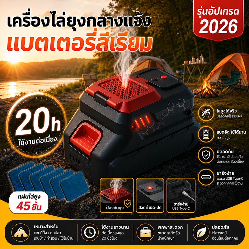 🔥เครื่องไล่ยุงพกพา 2026🔥 แบตเตอรี่ลิเธียม ใช้งานนาน 20 ชม. แถมแผ่นไล่ยุง 45 แผ่น ชาร์จ USB-C ไร้สารเคมี สำหรับแคมป์ปิ้งและเดินทาง