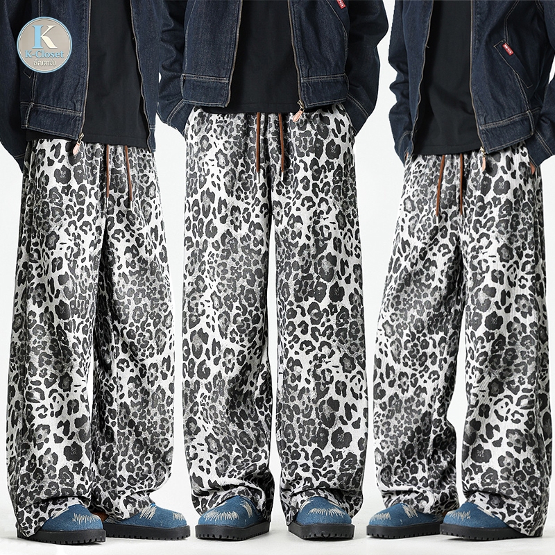 Baggy S-5XL กางเกงลำลองผู้ชายลายเสือดาวสไตล์เรโทร เอวยางยืดพร้อมเชือกผูก ทรงหลวม ขากว้าง