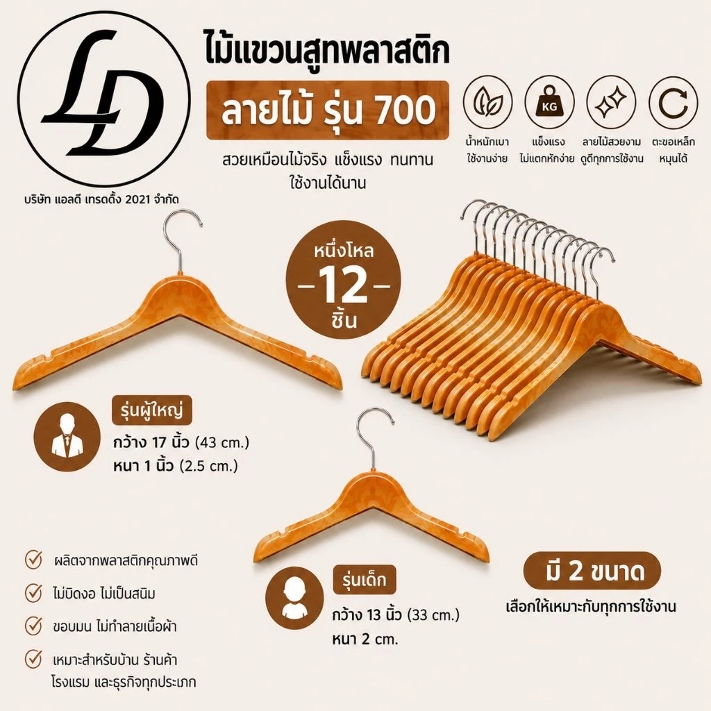 ไม้แขวนสูทเล็กสีลายไม้ของเด็กและผู้ใหญ่12 ชิ้น(รุ่น700)
