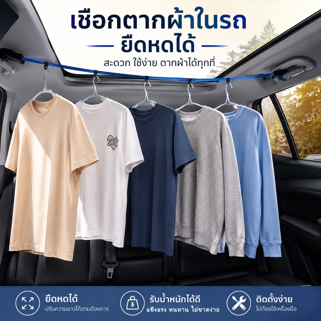 Allsking ราวผ้าในรถยนต์ ความยาว 1.5 เมตร ราวยางยืด ราวพร้อมที่หนีบ ติดตั้งง่าย ใช้ได้ทุกที่ ยืดหยุ่น ไม่ขาดง่าย