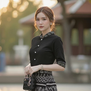 เสื้อพื้นเมืองผู้หญิงลายคราม ผ้าฝ้ายเกรดA เนื้อนุ่มใส่สบาย