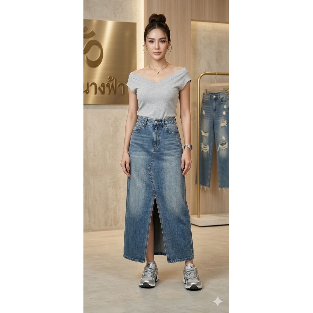 🌟​A42ꔛ ꕤ ˚Liza Studio ยีนส์กระโปรงยีนส์ยาว ผ่าหน้า S-XL Long Skirt Jean สไตล์เกาหลี สวยละมุน ผ้ายีนส์ที่คุณรักและคุ้นเคย