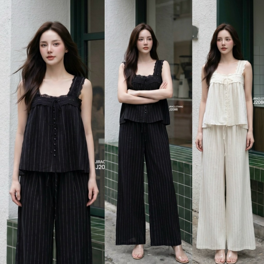 J2086 JiraClothing ชุดเซท2ชิ้น เสื้อแขนกุดคอเหลี่ยม+กางเกงทรงกระบอก