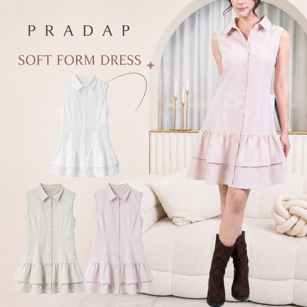 Pradap_brand:Soft Form Dress | เดรสคอปกทรงเข้ารูป ผ้ายีนส์คอตตอนนุ่ม
