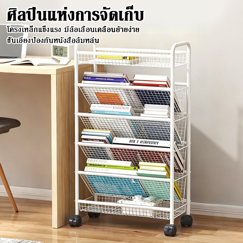 ชั้นวางของหนังสือหลายชั้น มีล้อเลื่อน วางข้างโต๊ะ ประหยัดพื้นที่ โครงเหล็กมั่นคง