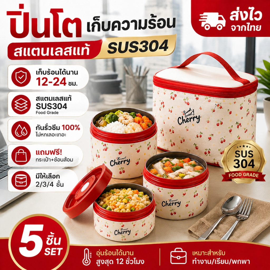 กล่องข้าว กล่องข้าวเก็บความร้อน ปิ่นโตสแตนเลส 304 กล่องอาหารกลางวัน 2/3/4 ชั้น แยกอาหาร ไม่รั่วซึม พร้อมส่ง รับCOD