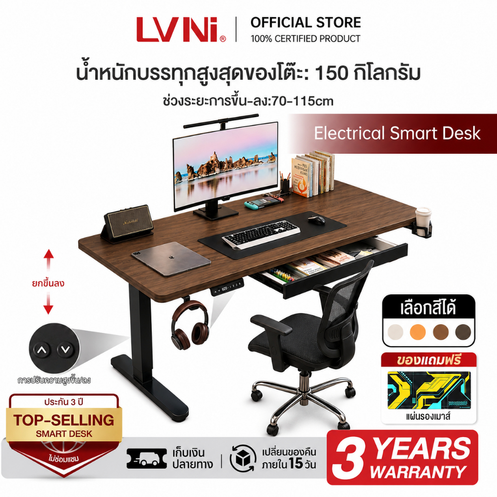 LVNI โต๊ะปรับระดับไฟฟ้า โต๊ะทำงานยืดหยุ่นไฟฟ้า ที่เหมาะสมต่อรูปร่างมนุษย์ ใช้ได้สำหรับการทำงาน การเรียนรู้และเล่น