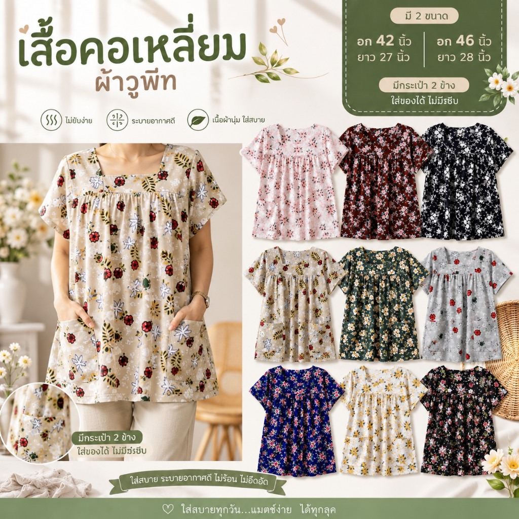 เสื้อผ้าไหมอิตาลี ทรงคอเหลี่ยม คนแก่ มีกระเป๋า ผ้าใส่สบาย เนื้อลื่น ไม่ตก D02