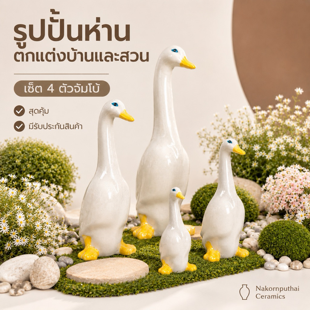 ห่านเซรามิก 4 ตัว จัมโบ้ แต่งสวน แต่งบ้าน ตุ๊กตาห่านเซรามิก ครอบครัวห่าน