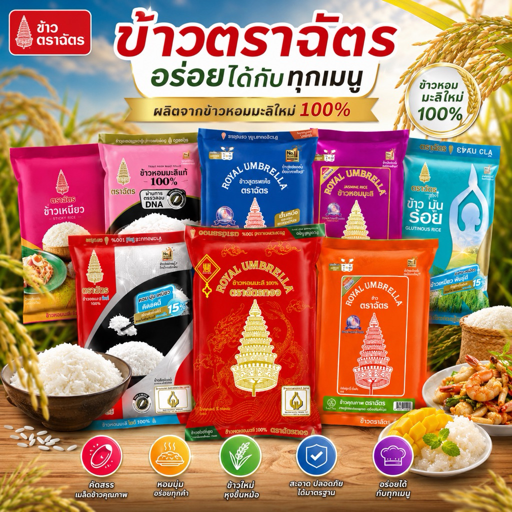 ( 1 ถุง )5 กิโลกรัม ข้าวตราฉัตร ให้เลือกหลายสูตร ข้าวหอมมะลิ 100% ข้าวเสาไห้ ข้าวหอมมะลิ