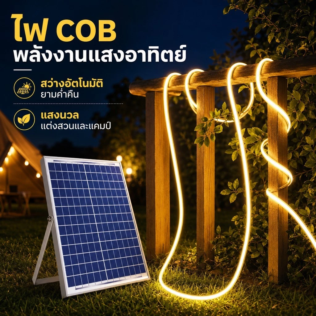 แถบไฟโซลาร์ COB ระบบพลังงานแสงอาทิตย์อิสระ แสงวนต่อเนื่องไม่มีจุดด่าง กันน้ำได้ ตกแต่งสวนบ้านกลางแจ้งได้หลากหลาย