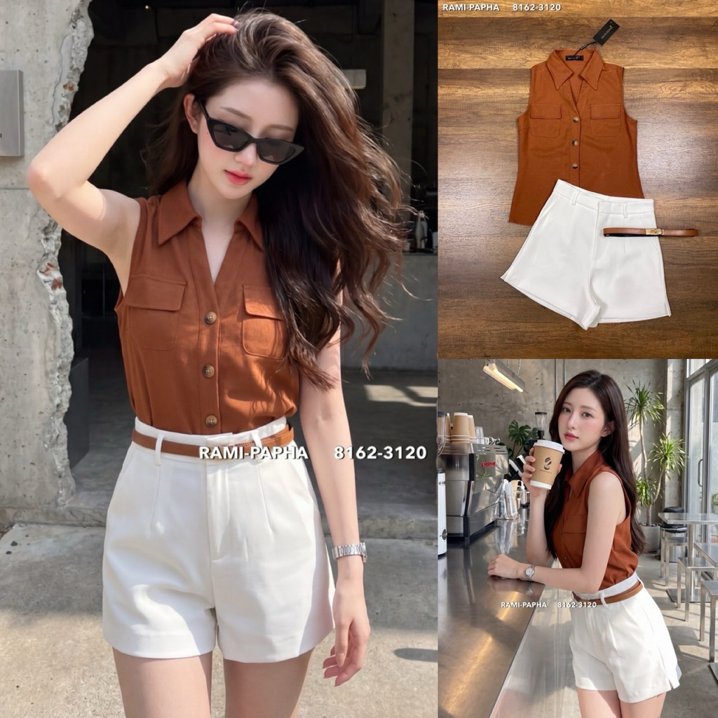 พร้อมส่ง XS-2XL⚡️RM 8162 ชุดเซ็ตผู้หญิง 3ชิ้น เสื้อโทนสีน้ำตาล+ขาสั้นสีขาว+เข็มขัด Luxury Style สวยหรูดูแพง สไตล์คนรวย