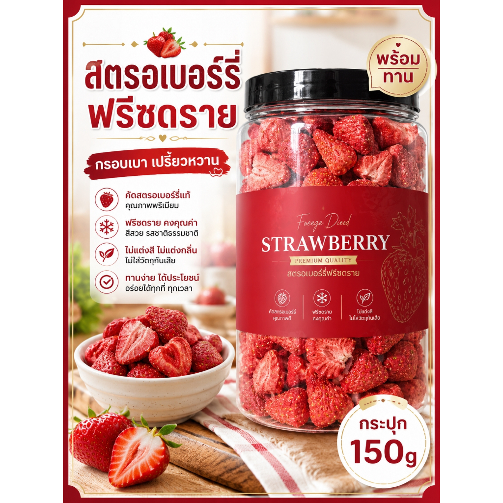 สตรอเบอร์รี่ฟรีซดราย 150g กระปุก ผลไม้กรอบ พร้อมทาน เปรี้ยวหวาน อร่อย ส่งฟรี